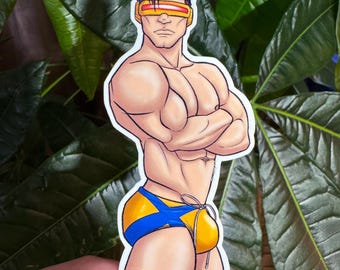 4" Male Pinup Sticker- Cyclops Speedo Scott Summers - Gay Bara Superhero Art Sticker - Handmade and Waterproof