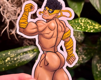 4" Male Pinup Sticker- Iron Fist Thong - Gay Bara Superhero Art Sticker - Handmade and Waterproof (Perfect for Water Bottles!)