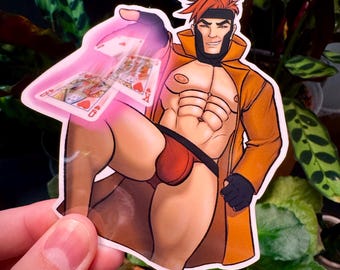 4" Male Pinup Sticker- Gambit Underwear Hunk - Gay Bara Superhero Art Sticker - Handmade and Waterproof (Perfect for Water Bottles!)