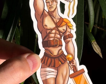 4" Male Pinup Sticker- Sexy Gladiator - Gay Fantasy Bara Art Sticker - Handmade and Waterproof (Perfect for Water Bottles!)