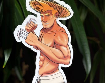 4" Male Pinup Sticker- Garden Fighter - Gay Fantasy Bara Art Sticker - Handmade and Waterproof (Perfect for Water Bottles!)