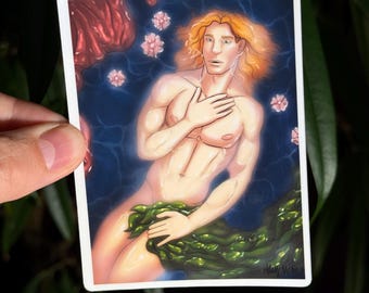 4" Male Pinup Sticker- Male Venus Aphrodite Genderbend - Gay Fantasy Bara Art Sticker - Handmade and Waterproof (Perfect for Water Bottles!)
