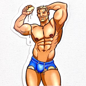 4&quot; Sticker Male Underwear Model Beefcake Hunk -  Easy Peasy Lemon Squeezy - Bara Art Sticker - Waterproof and Handmade - Waterbottle Sticker