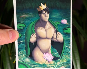 4" Male Pinup Sticker- Frog Prince Emerges - Gay Fantasy Bara Art Sticker - Handmade and Waterproof (Perfect for Water Bottles!)