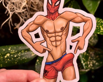 4" Male Pinup Sticker- Bricked Up Spiderman - Gay Bara Superhero Art Sticker - Handmade and Waterproof (Perfect for Water Bottles!)
