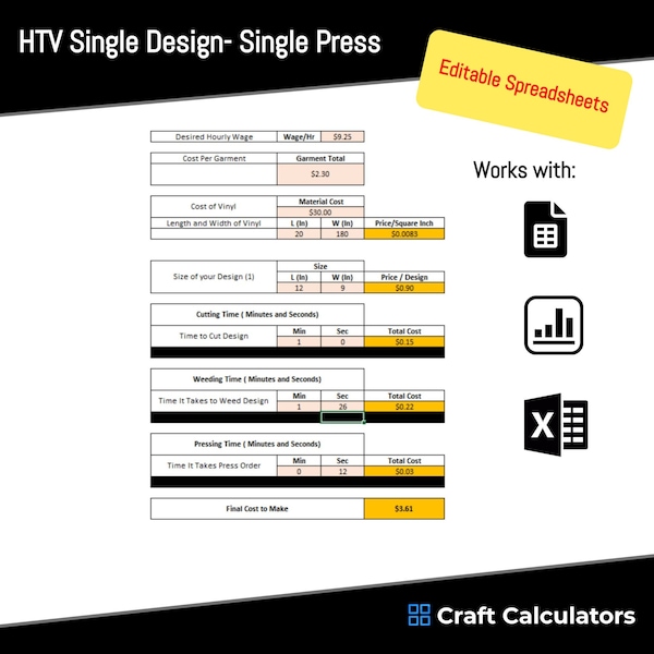 HTV | Heat Transfer Vinyl Pricing Calculator Spreadsheet | Single One Color Vinyl Design Pricing