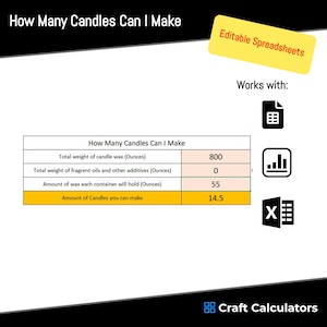 Quantas velas você pode fazer - Calculadora de planilha editável - Calcular a quantidade de velas - Velas a granel