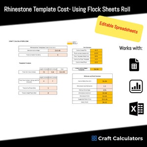 May include: A spreadsheet template for calculating the cost of creating a rhinestone template using flock sheets. The template includes fields for inputting the desired hourly wage, time to create the file, flock roll size, flock size being used for the template, time to cut flock, and time to weed flock. The spreadsheet also calculates the cost summary, including the cost to create the file, flock cost per square inch, flock template sheet cost, cost to cut flock template, and cost to weed flock. The final cost to make the template is $6.06. The spreadsheet also includes a wholesale and retail calculator, which calculates the wholesale cost multiplier, markup percentage, wholesale cost, wholesale profit, suggested retail price, and retail profit.