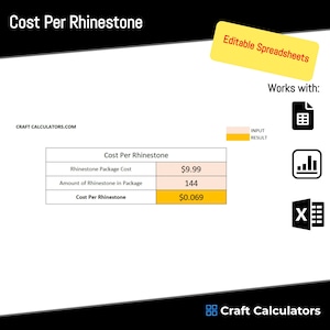 May include: A table showing how to calculate the cost per rhinestone. The table has three rows: Rhinestone Package Cost, Amount of Rhinestone in Package, and Cost Per Rhinestone. The values are $9.99, 144, and $0.069, respectively. The table is labeled "Cost Per Rhinestone".