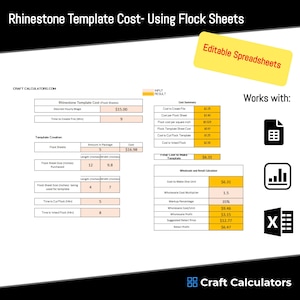 Puede incluir: Una plantilla de hoja de cálculo para calcular el costo de crear plantillas de diamantes de imitación utilizando hojas de flocado. La plantilla incluye campos para ingresar el salario por hora, el tiempo para crear el archivo, el tamaño de la hoja de flocado y el tiempo para cortar y desherbar el flocado. La plantilla también calcula el costo de crear el archivo, el costo por hoja de flocado, el costo de flocado por pulgada cuadrada, el costo de cortar la plantilla de flocado, el costo de desherbar el flocado y el costo total de hacer la plantilla. La plantilla también incluye una calculadora de mayoristas y minoristas para ayudarlo a determinar el precio de venta de sus plantillas.