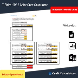 Puede incluir: Una hoja de cálculo imprimible para calcular el costo de hacer una camiseta de dos colores usando vinilo de transferencia de calor (HTV). La hoja de cálculo incluye secciones para el costo del material, el tiempo de producción y un costo final por camiseta. La hoja de cálculo es compatible con unidades imperiales y métricas. La imagen también incluye iconos para Excel, Google Sheets y un gráfico de barras.