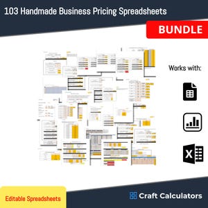 May include: A collection of 103 handmade business pricing spreadsheets. The image includes the word "BUNDLE" in a red rectangle, and the words "Works with:" with icons for Excel and other programs. The words "Editable Spreadsheets" are also visible.