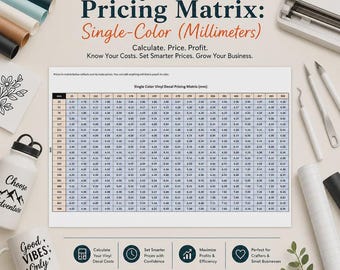 Metric Single Color Vinyl Decal Pricing Matrix Spreadsheet Millimeter mm Cost Calculator Automated Vinyl Business Tool Professional Craft mm