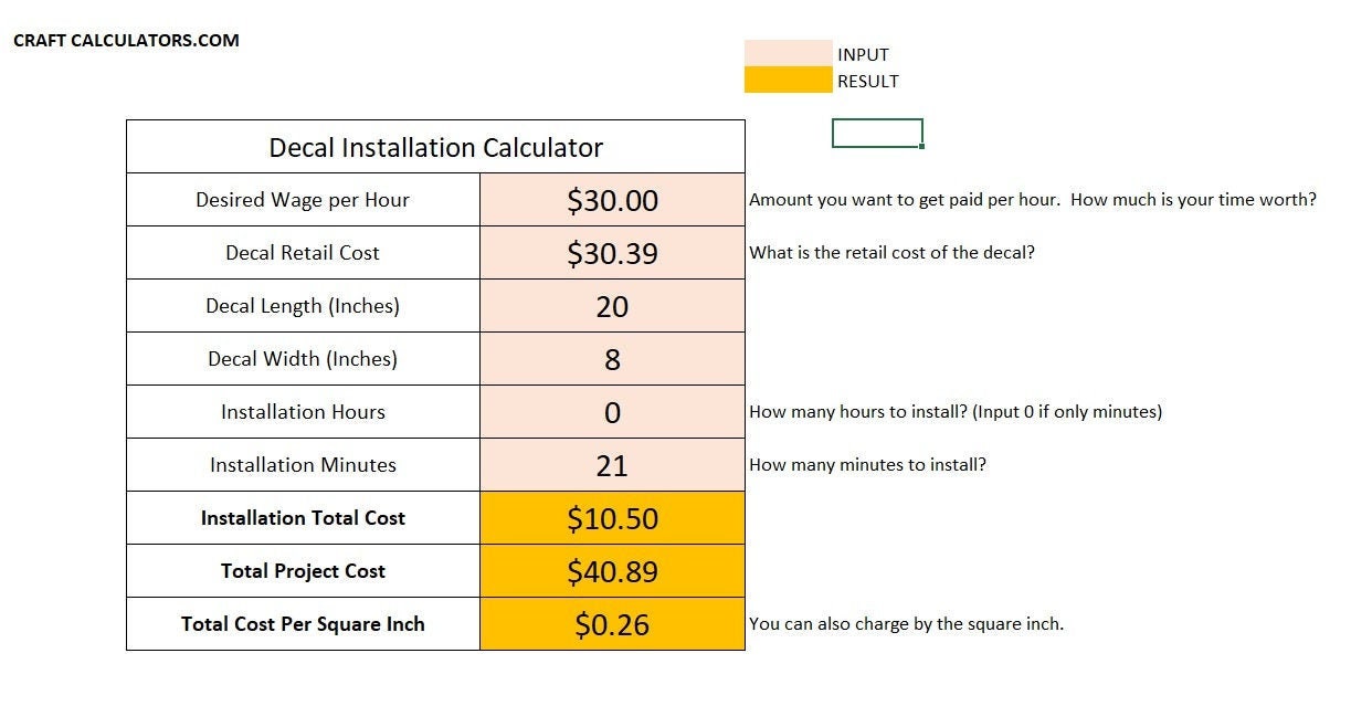 Adhesive Vinyl Decal Installation Calculator Spreadsheet How to Price