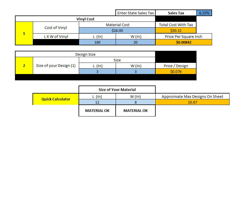 Vinyl Project Material Estimator Cost Calculator HTV Adhesive Vinyl T
