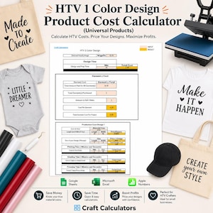 May include: An image showcasing a product cost calculator for HTV 1 color designs. The image includes a heat press, t-shirts, tote bags, a baby onesie, and rolls of vinyl. Text on the image includes "Made to Create", "Little Dreamer", and "Make It Happen".