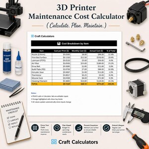 May include: A 3D Printer Maintenance Cost Calculator spreadsheet surrounded by printer parts including a nozzle, belt, motor, digital caliper, air duster, lubricant, and a maintenance checklist. The chart displays cost breakdowns for items like nozzles, print beds, and filaments.