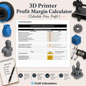 May include: A 3D printer profit margin calculator spreadsheet with input sections for material, labor, and shipping costs. The document includes a print plan notepad, a blue filament spool, a digital caliper, and various 3D printed objects.