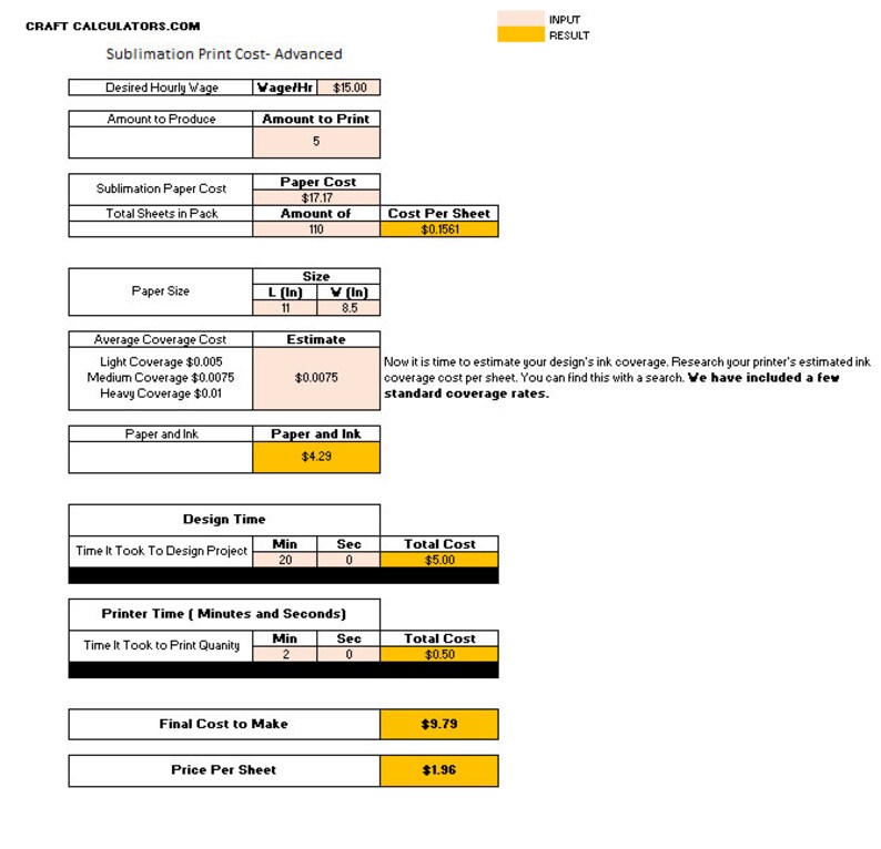 Sublimation Design Cost Ink Cost Calculator Spreadsheet Sublimation