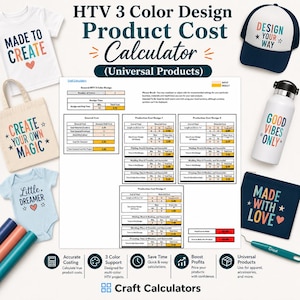 Priskalkylator för HTV med 3 designer | Kostnadskalkylblad för flerfärgad vinyl | Vinstverktyg för bulkordrar | Professionell prisguide för hantverk