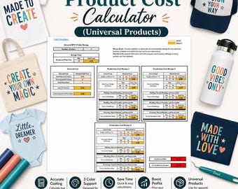 May include: An image showcasing a product cost calculator for HTV 3-color designs. The image includes a white t-shirt, tote bag, baby onesie, hat, water bottle, and pouch, each with inspirational text. The calculator is designed for universal products.