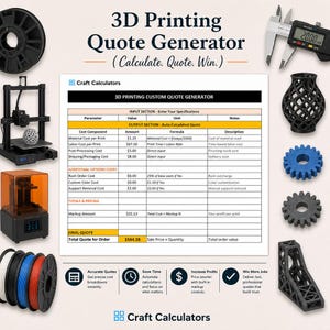 Könnte beinhalten: Eine 3D-Druck-Angebotskalkulationstabelle mit dem Titel 3D Printing Quote Generator (Calculate. Quote. Win.), umgeben von einem 3D-Drucker, Filamentrollen, einem digitalen Messschieber mit 20,00 mm Anzeige und verschiedenen 3D-Druckobjekten.