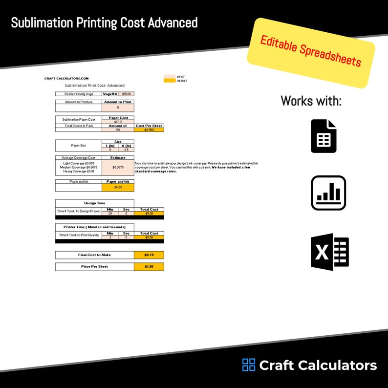 Sublimation Cost Calculator Spreadsheet: Ink & Transfer Cost (Editable) image 1