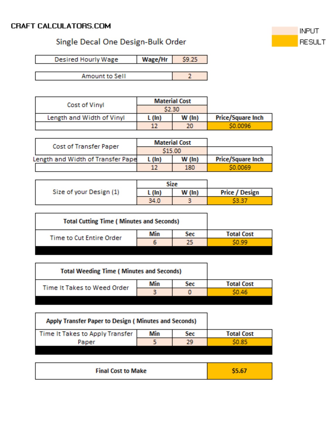 Decal Pricing Calculator Single Design Bulk Decal Pricing Etsy