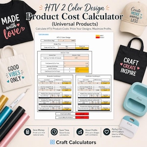 2-Color HTV Design Product Pricing Calculator | Dual Vinyl Cost Spreadsheet | Universal Craft Profit Tool | Imperial & Metric Units Guide