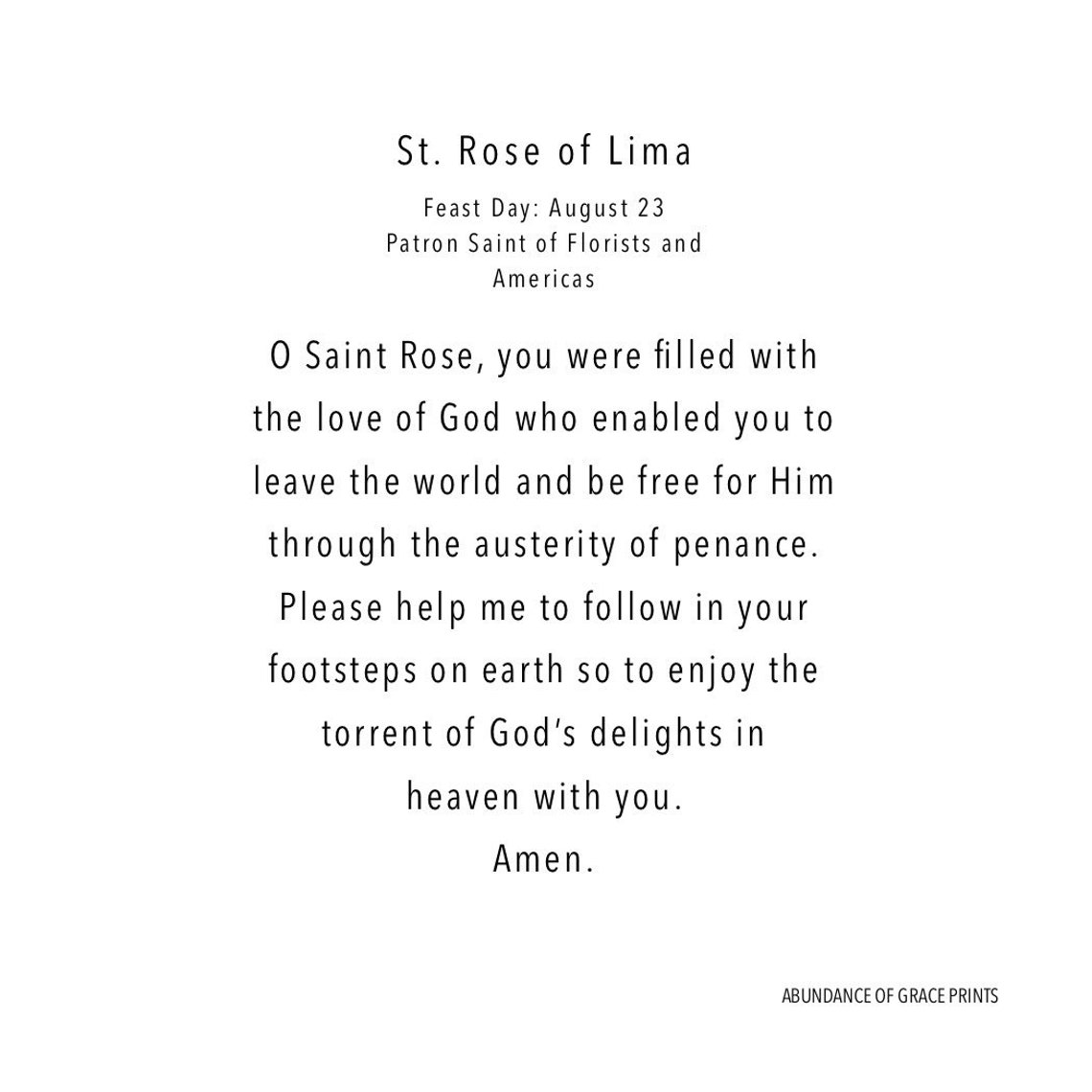 St. Rose of Lima Prayer Catholic Saint Prayer Card Etsy