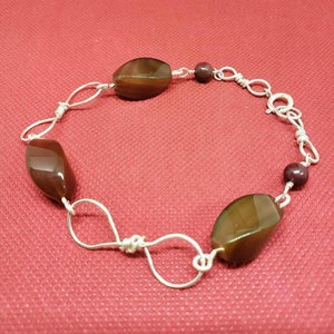 Handmade Sterling Silver Link Bracelet with Twisted Carnelian and Red Tigers Eye Beads image 1