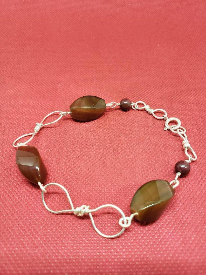 Handmade Sterling Silver Link Bracelet with Twisted Carnelian and Red Tigers Eye Beads image 1