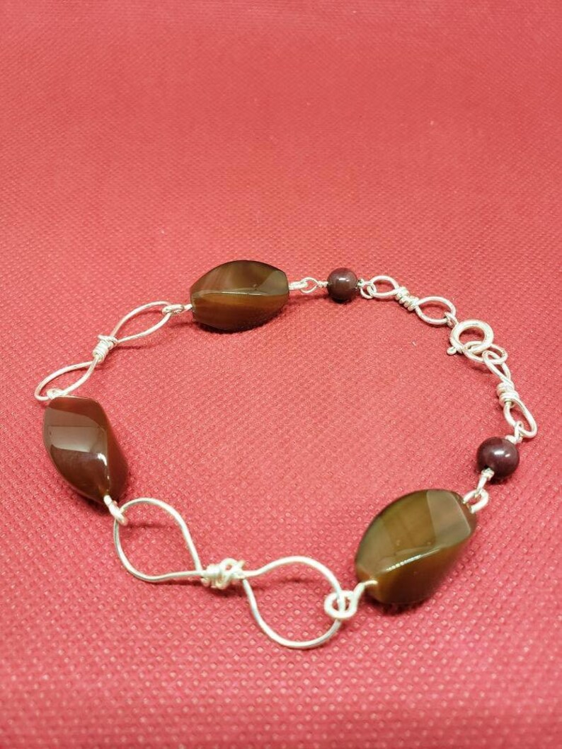 Handmade Sterling Silver Link Bracelet with Twisted Carnelian and Red Tigers Eye Beads image 3