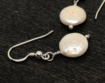 Cultured Freshwater Coin Pearl Sterling Silver Dangle Earrings