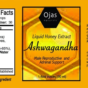 May include: A yellow and orange label with the text "Ojas Naturals" and "Liquid Honey Extract Ashwagandha" in black text. The label also includes the text "Male Reproductive and Adrenal Support" and "1 fluid ounces (30 ml)". The label has a barcode and supplement facts on the left side.