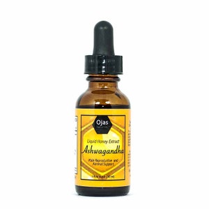 May include: A brown glass bottle with a dropper top containing a liquid honey extract of Ashwagandha. The bottle label is yellow with a honeycomb design and the text "Ojas Naturals Liquid Honey Extract Ashwagandha Male Reproductive and Adrenal Support 1 fluid ounce (30 ml)"
