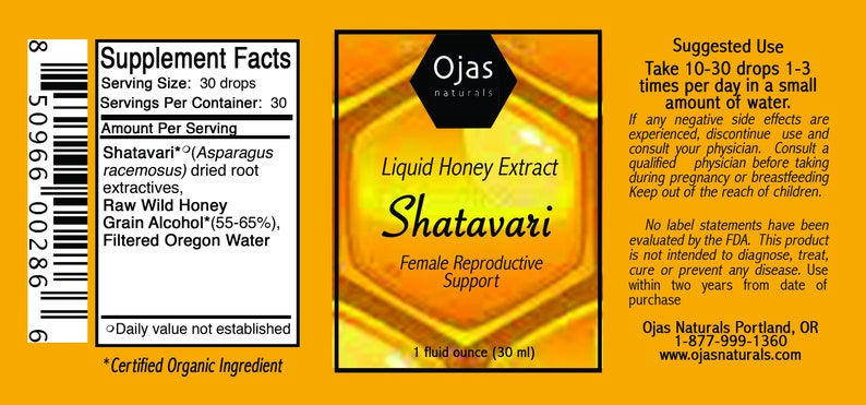 K&ouml;nnte beinhalten: Ein gelbes Etikett mit einem Wabenmuster und dem Text "Ojas Naturals" und "Fl&uuml;ssiger Honig-Extrakt Shatavari Unterst&uuml;tzung der weiblichen Fortpflanzung". Das Etikett enth&auml;lt auch den Text "1 Fl&uuml;ssigunze (30 ml)". Das Etikett befindet sich auf einem gelben Hintergrund.