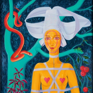 May include: A woman with a white head covering and a yellow body is bound with white straps. She holds a red apple in her hand. The background is a dark blue with green vines and red berries.