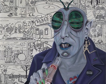 May include: A blue-skinned, bug-eyed creature with a toothy grin, wearing a purple jacket with a heart tattoo and a skeleton pin. The creature is holding a bottle of Yoo-Hoo chocolate flavored beverage. The background is a comic book style illustration.