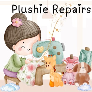 May include: A digital illustration titled Plushie Repairs featuring a character with a brown bun hairstyle using a teal sewing machine to mend floral fabric. Beside the machine are a yellow giraffe, a pink rabbit, and a brown dog plush toy.