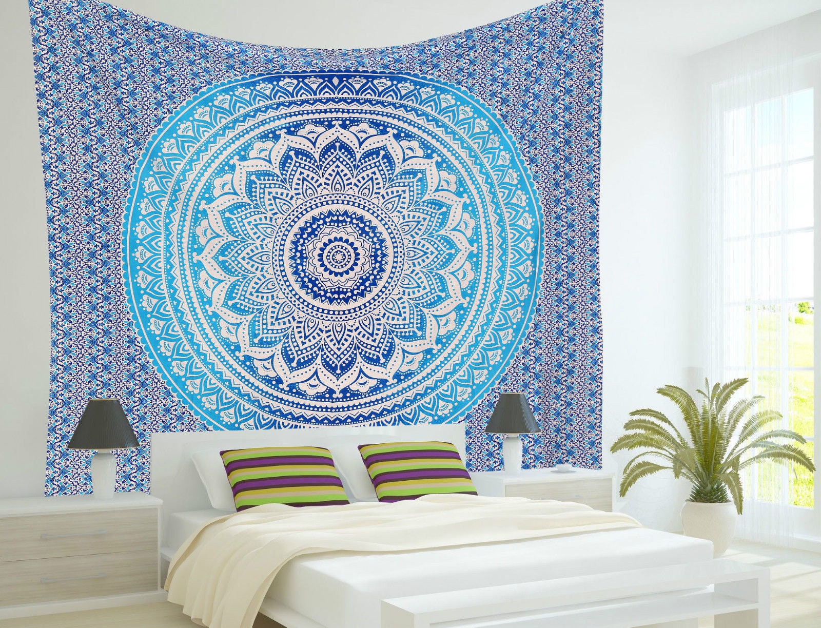Tapestry White Blue Multi tapestry Wall Hanging Mandala Etsy