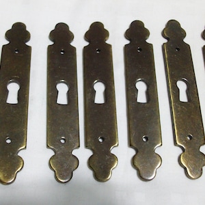 Antique Hitchcock Furniture Brass Hardware Chippendale Style Escutcheon Skeleton Keyhole Plate Hardware 3 1/2" x  5/8"  Set Of 6
