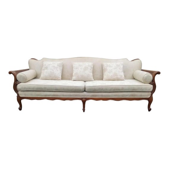 French Louis XV Style Elegant Ivory 7.5' Sofa Serpentine Carved Back Curved Cane Sides Shipping is Not Free Thomasville Year End Sale
