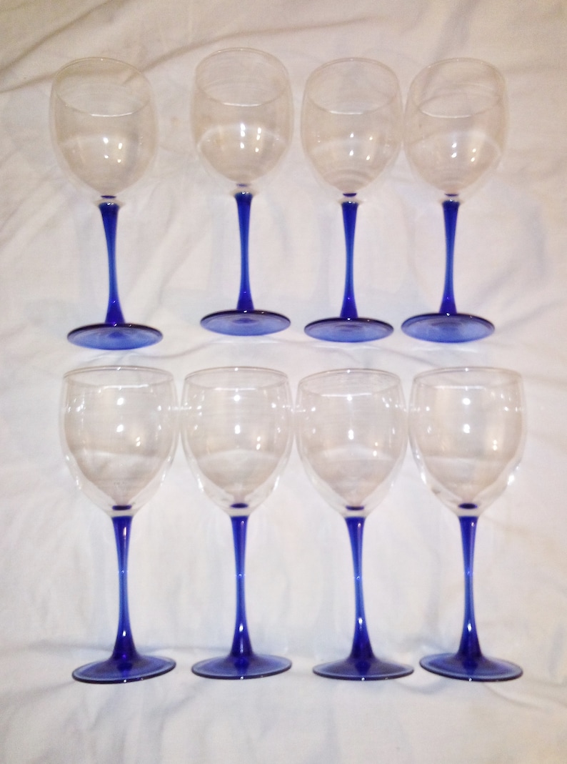Set of Eight Cobalt Blue Stemmed Wine Glasses Clear Blue Blue Stem Etsy