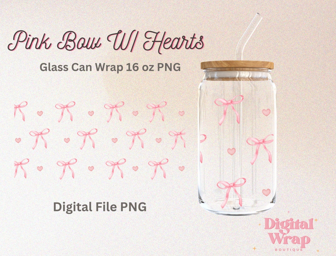 Pink Bows W/ Hearts 16 Oz Png Glass Cup Wrap|coquette Glass Cup Wrap ...