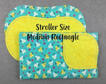 Happy mice hemstitched pre-washed flannel baby blanket, stroller or car seat blanket & 2 burp cloths, baby girl, ready to crochet