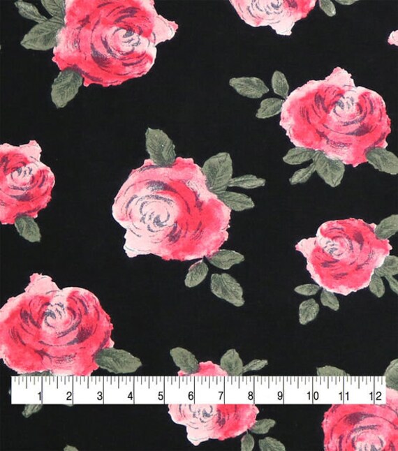 Roses on Black FLANNEL Fabric by the Yard Etsy