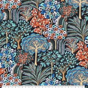 May include: A fabric with a repeating pattern of stylized trees and foliage in shades of blue, orange, and teal against a dark background. The design features detailed tree canopies and intricate leaf patterns, creating a vibrant and decorative textile.