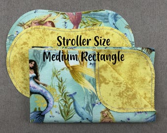 Mythical mermaids hemstitched pre-washed flannel baby blanket, stroller or car seat blanket & 2 burp cloths, baby girl, ready to crochet