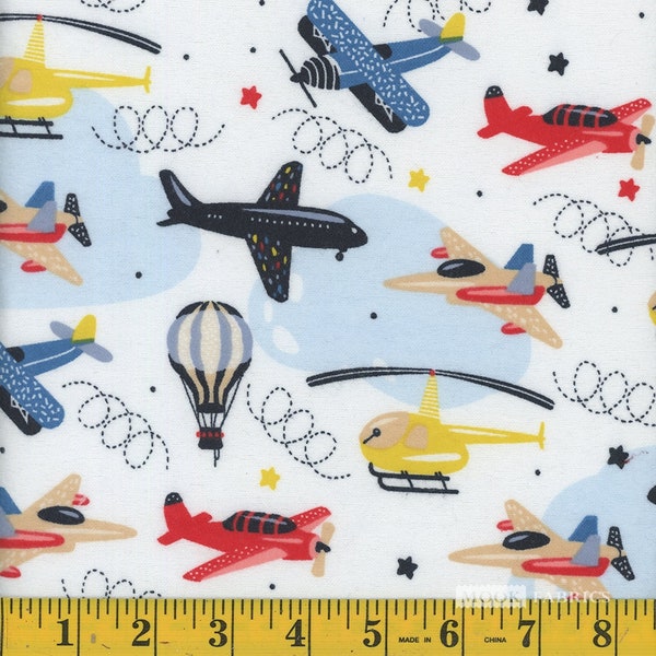 Multi Airplanes White, FLANNEL fabric by the yard